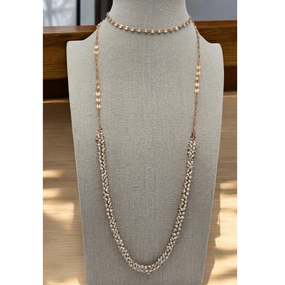 Layered White Bead and Gold Disc Chain Vintage Necklace